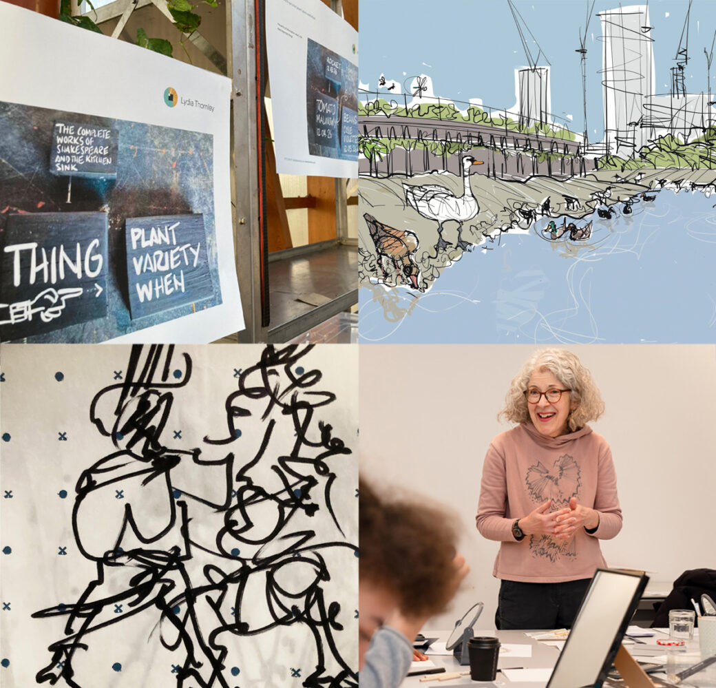 Montage of pictures: Workshop resource sheets, Cody Dock wildlife illustration, Lydia at the Alice Billing House workshop, sketch from the Give Your Best fashion show