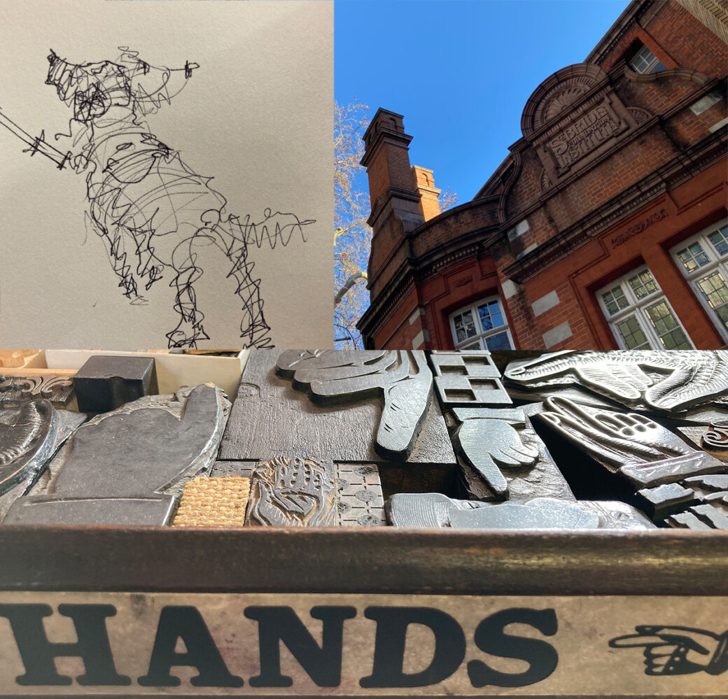 Montage of a sketch of a dog looking both ways, the exterior of St Bride Foundation and a drawer of type with the label 'hands' on the front and a pointing hand