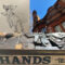 Montage of a sketch of a dog looking both ways, the exterior of St Bride Foundation and a drawer of type with the label 'hands' on the front and a pointing hand