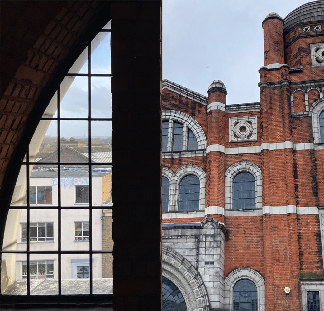 Exterior of Memorial Community Church and view towards the Royal Docks from the studio window