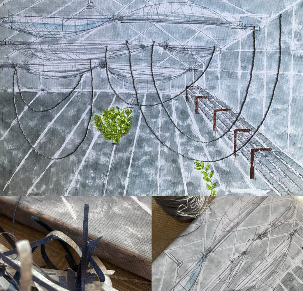 Montage of painting and two process pictures showing masking off and stitching