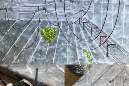 Montage of painting and two process pictures showing masking off and stitching