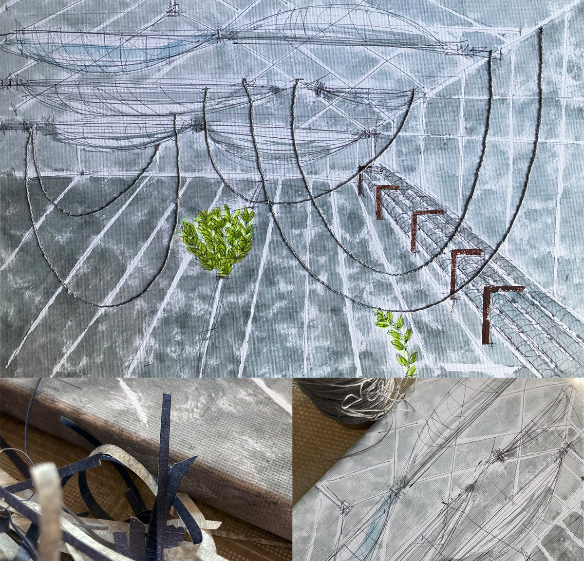 Montage of painting and two process pictures showing masking off and stitching