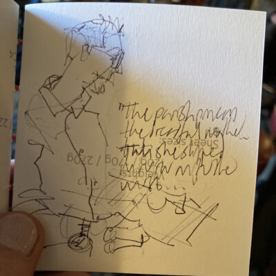 Sketch of Galen O'Hanlon reading at the launch