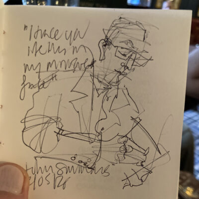 Sketch of John Simmons reading at the launch