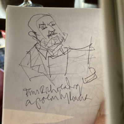 Sketch of Tim Rich reading at the launch