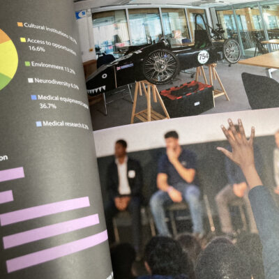 Detail of annual review spread showing pictures facing statistics