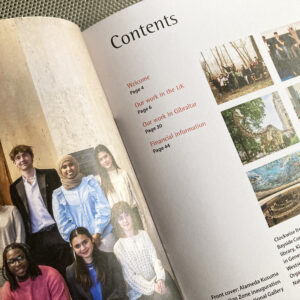 Detail of contents spread, showing full-page picture and picture-led contents