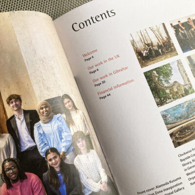 Detail of contents spread, showing full-page picture and picture-led contents