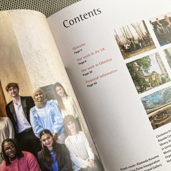 Detail of contents spread, showing full-page picture and picture-led contents