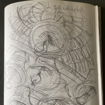 Sketch of bells in large format sketchbook made from lining paper
