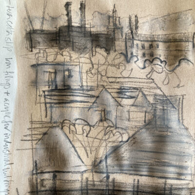 Rooftops sketch in graphite and iron on utility paper