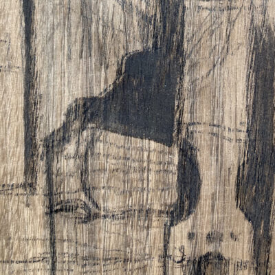 Detail of drawing on veneer of Clara, the church organ