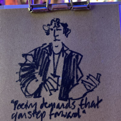 Thomas speaking, drawn on sandpaper