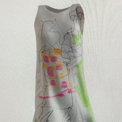 Pre-event chat sketch scanned onto a dress, playing with tech at Flux Innovation Lounge