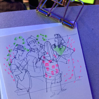 Sketch of pre-event chat, drawn in biro and highlighter