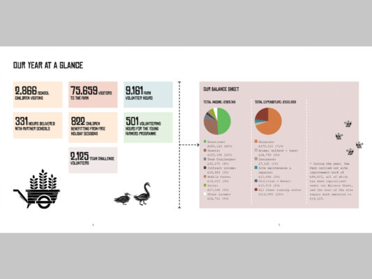Year at a glance spread showing statistics and charts