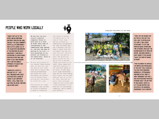 People who work locally spread showing pictures of corporate volunteers and quotes
