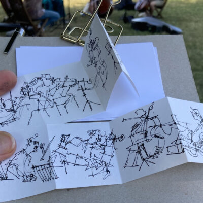 Two tiny concertina sketches of musicians rehearsing