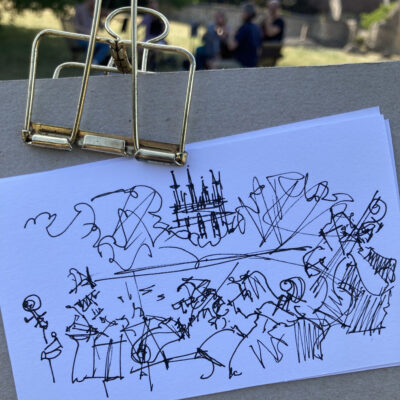Sketch of musicians rehearsing, Canterbury Cathedral in background