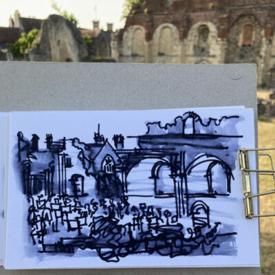 Scene-setting sketch of abbey and audience arriving