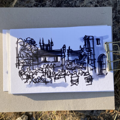 Scene-setting sketch of abbey and audience arriving