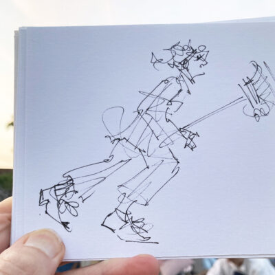 Sketch of comedy moment by opera performer, galloping with a 'horse' made from Cinderella's broom