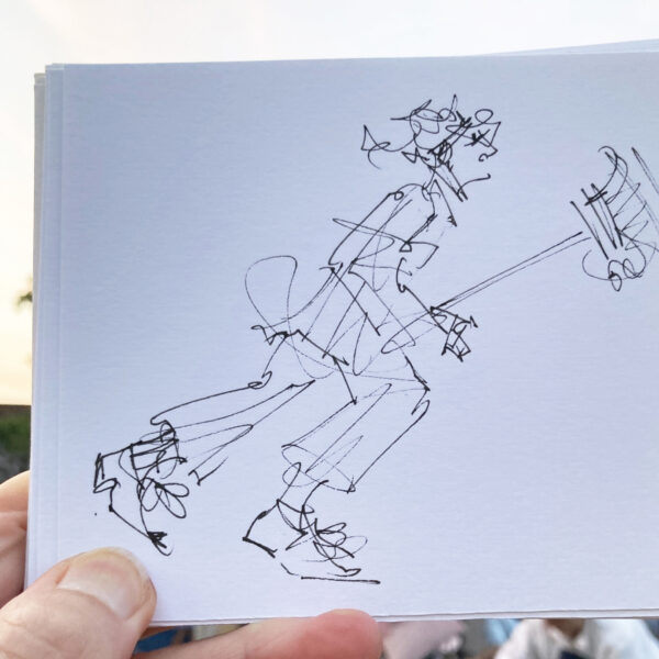 Sketch of comedy moment by opera performer, galloping with a 'horse' made from Cinderella's broom