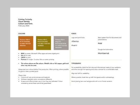 Page from identity guidelines explaining colour and font use