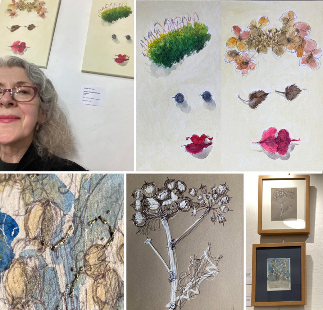 Montage of Lydia at the Tower Gallery opening and art pieces at both exhibitions