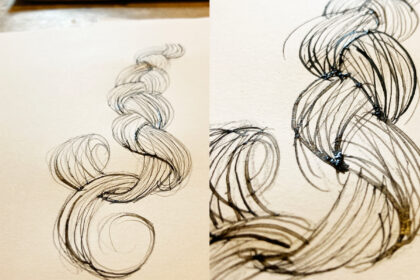 Montage of the original illustration on a wooden table with art materials n the background and the illustration with ink still wet.