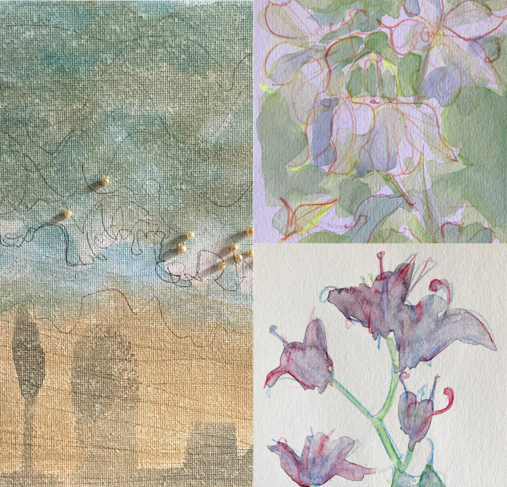 Montage of detail of work on canvas showing paint, stencil and beading, and details of the two watercolour sketches, of aquilegia and bluebells