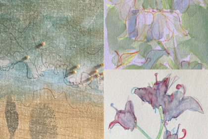 Montage of detail of work on canvas showing paint, stencil and beading, and details of the two watercolour sketches, of aquilegia and bluebells