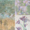 Montage of detail of work on canvas showing paint, stencil and beading, and details of the two watercolour sketches, of aquilegia and bluebells