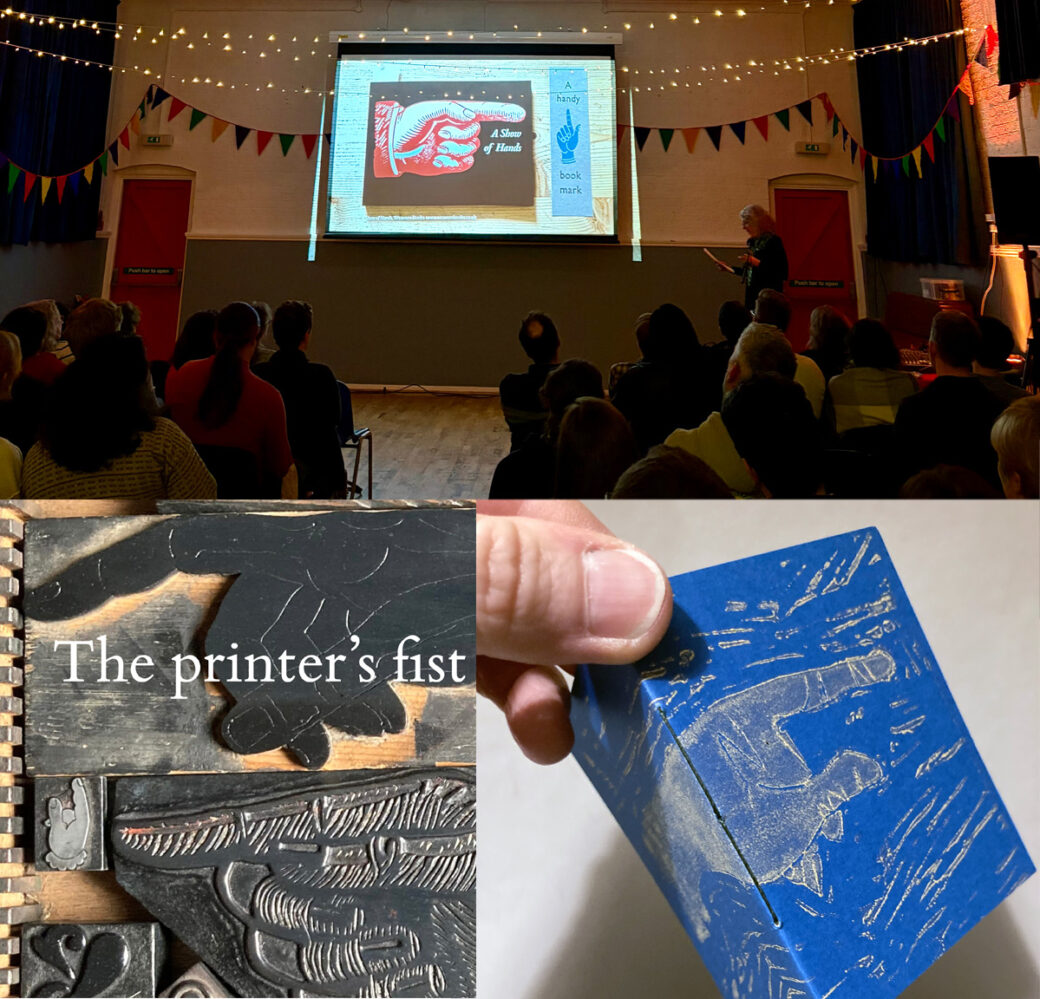 Montage of title slide, Lydia speaking and a tiny notebook on which a linocut hand points round a corner