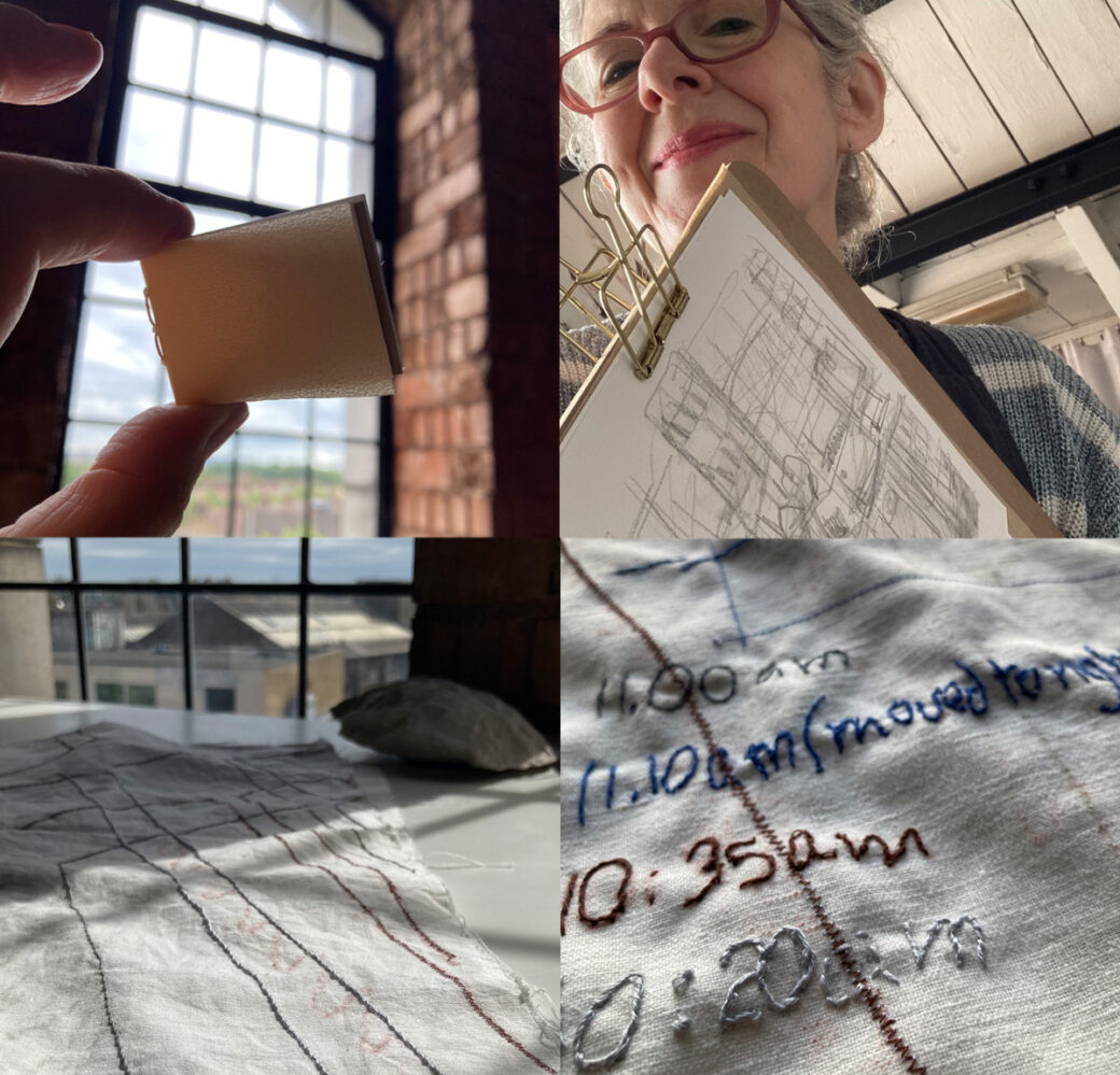 Montage of Lydia holding tiny sketch book, Lydia holding a sketch and two pictures of embroidery pieces on shadow tracings