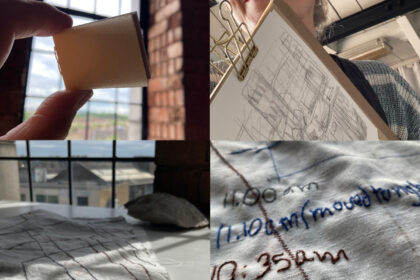 Montage of Lydia holding tiny sketch book, Lydia holding a sketch and two pictures of embroidery pieces on shadow tracings
