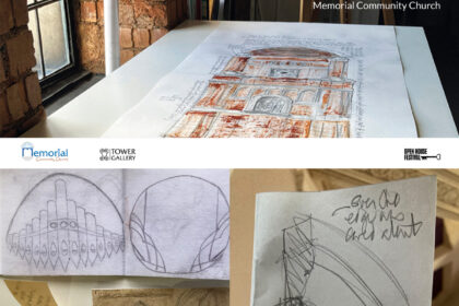 Montage of Lydia's title slide from her talk and sketches from her sketch walk