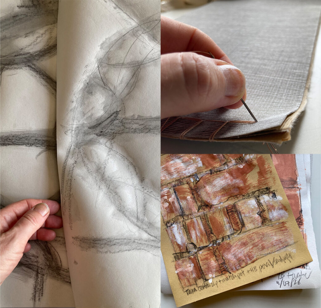 Montage of detalls of shadow tracings wuth Lydia's hand for scale, bookbinding in progress and test brick paintings with terra cotta slip
