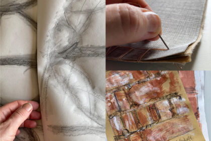 Montage of detalls of shadow tracings wuth Lydia's hand for scale, bookbinding in progress and test brick paintings with terra cotta slip