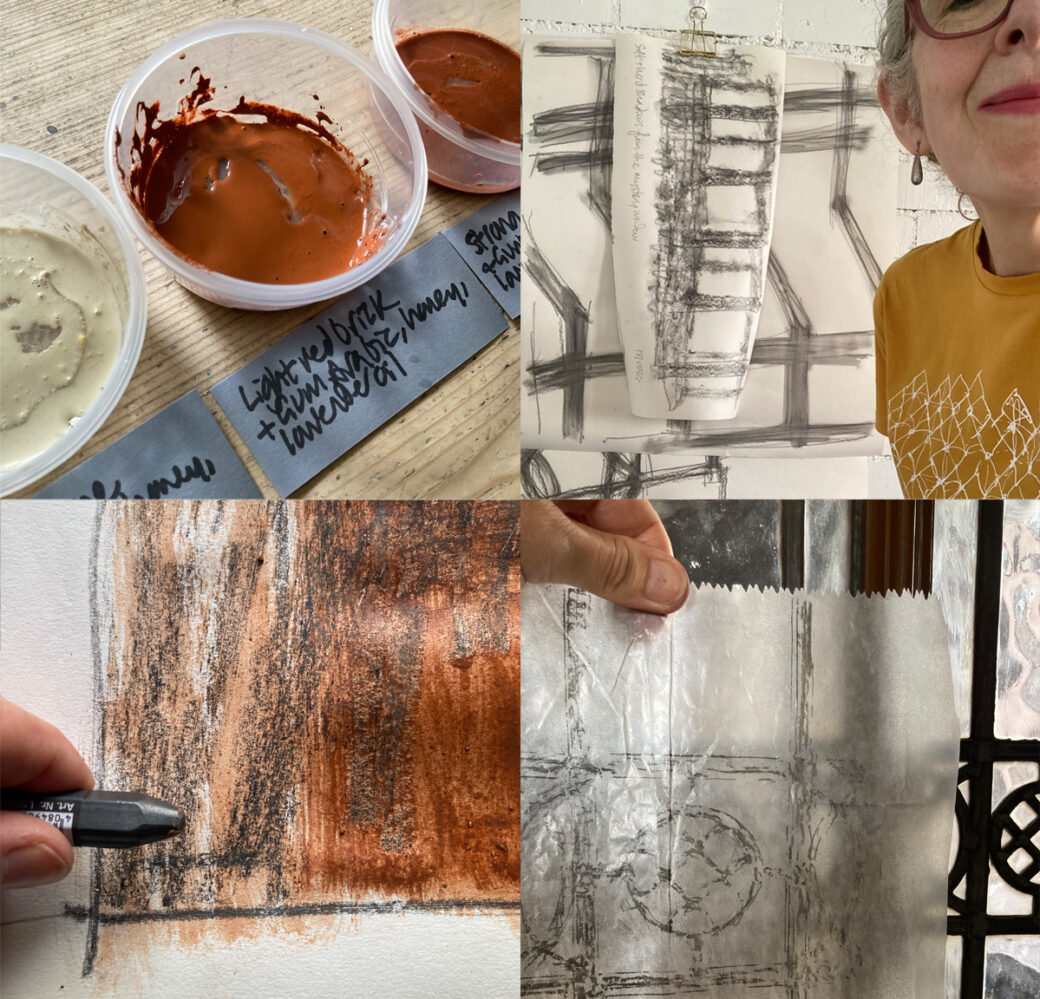 Montage of Lydia's record pictures of watercolour paint making, drawing, Lydia with shadow tracings and Lydia's hand holding up a rubbing of a decorative window detail