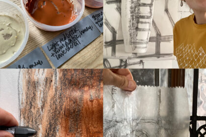 Montage of Lydia's record pictures of watercolour paint making, drawing, Lydia with shadow tracings and Lydia's hand holding up a rubbing of a decorative window detail