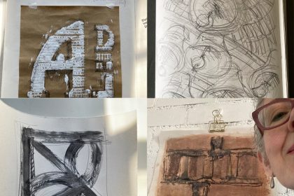 Montage of sketchbook study of letterforms, drawing of the inside of the bell tower, window detail and Lydia with test drawing of brickwork