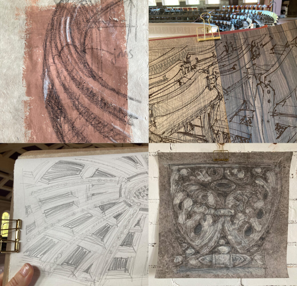 Montage of pictures from Lydia's work in residency week 5: banister sketch, sketches in progress on veneer samples, sketching in progress of plasterwork and drawing on wallpaper sample.