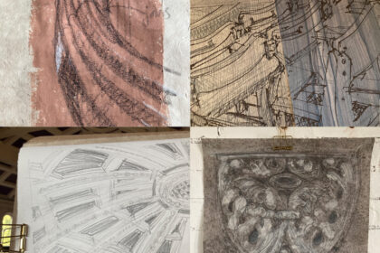 Montage of pictures from Lydia's work in residency week 5: banister sketch, sketches in progress on veneer samples, sketching in progress of plasterwork and drawing on wallpaper sample.