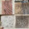 Montage of pictures from Lydia's work in residency week 5: banister sketch, sketches in progress on veneer samples, sketching in progress of plasterwork and drawing on wallpaper sample.
