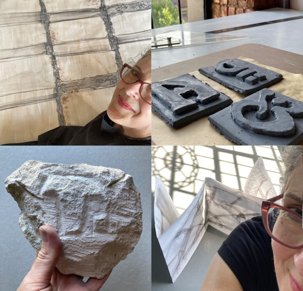 Montage of Lydia with giant sketch, Lydia with shadow tracing concertina, Lydia's hand holding a stone cut letter T and clay printing blocks of letterforms drying on a desk in the residency studio