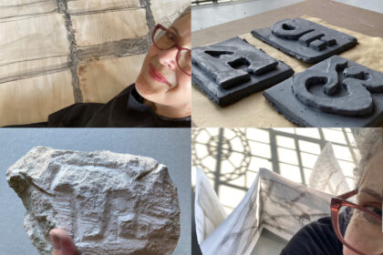 Montage of Lydia with giant sketch, Lydia with shadow tracing concertina, Lydia's hand holding a stone cut letter T and clay printing blocks of letterforms drying on a desk in the residency studio