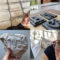 Montage of Lydia with giant sketch, Lydia with shadow tracing concertina, Lydia's hand holding a stone cut letter T and clay printing blocks of letterforms drying on a desk in the residency studio