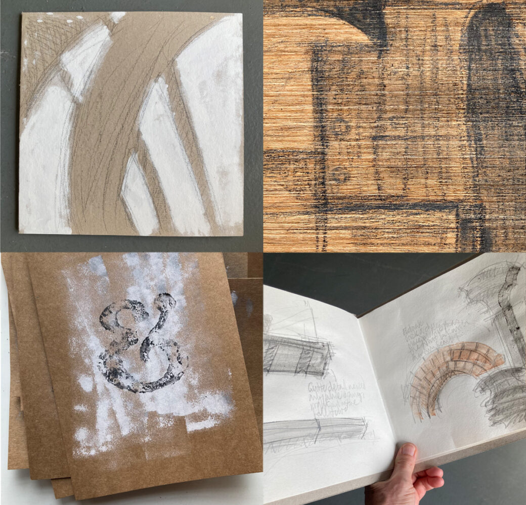 Montage of pictures of leporello cover, showing tracing of banister shadow, ampersand printed on emulsion paint ground, drawing of joinery on veneer and Lydia's hand holding outdoor sketches of architectural details